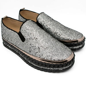 Jolimall Black Silver Glitter Slip On Platform Loafer Shoes Womens SIZE 9
